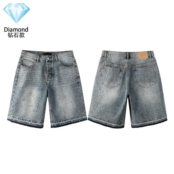Design Diamond Crystal Embellished Denim Shorts Light Wash Shorts - 1