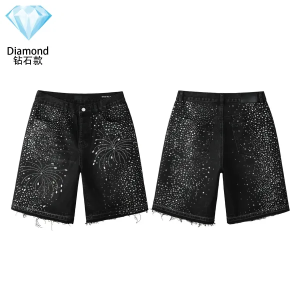 Design Diamond Firework Embellished Black Denim Shorts - 1