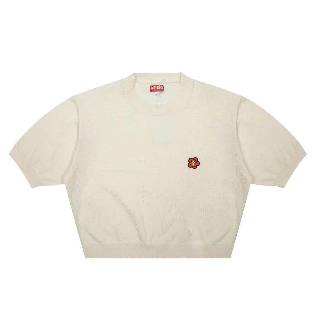 Kenzo Knitwear Short-Sleeve Knit Top with Flower Embroidery — Beige apricot