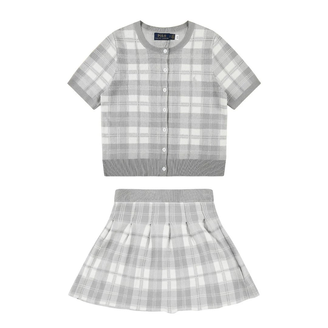 Polo Ralph Lauren Matching Sets Plaid short-sleeve knit cardigan and pleated skirt set — gray