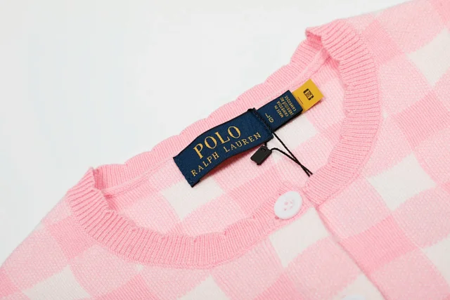 Polo Ralph Lauren Knitwear Short-sleeve gingham knit cardigan with embroidered pony logo product detail image 4