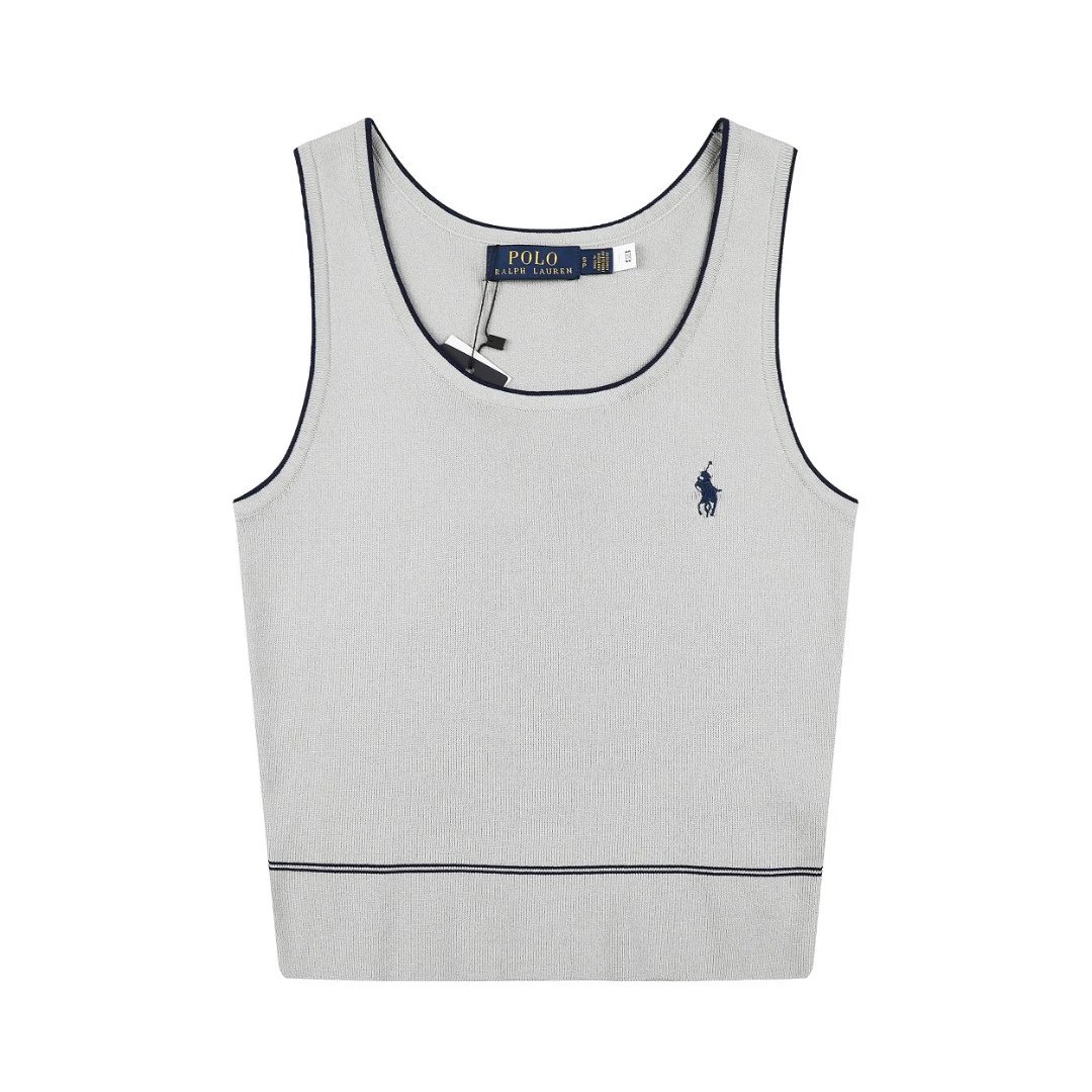 Ralph Lauren Knitwear Rib-Knit Tank Top with Contrast Piping and Embroidered Pony — gray