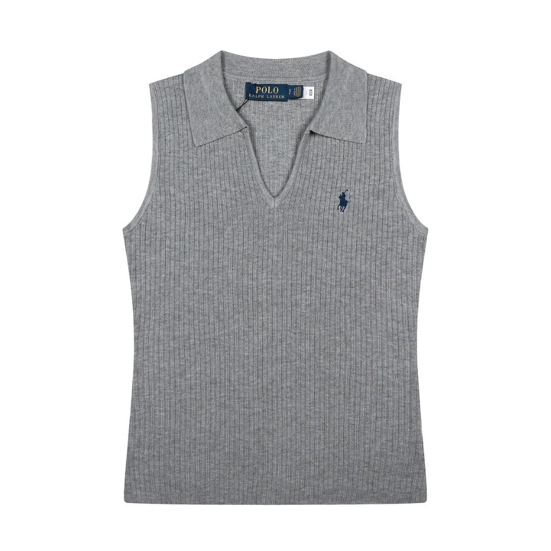 Polo Ralph Lauren Knitwear Rib-Knit Sleeveless Polo-Collar Top — gray