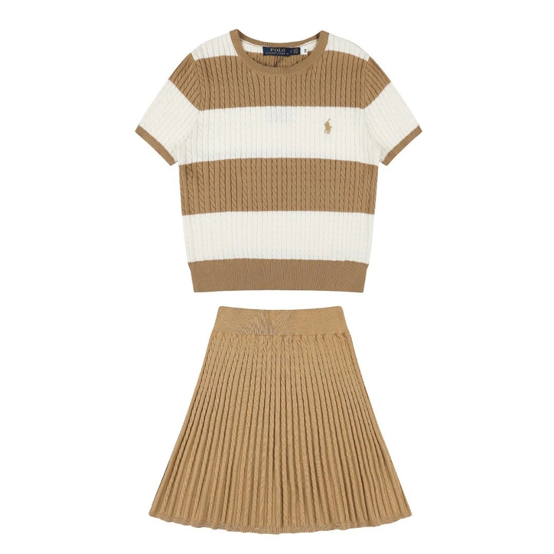 Polo Ralph Lauren Matching Sets Cable-Knit Striped Short-Sleeve Top and Pleated Skirt Set image 4