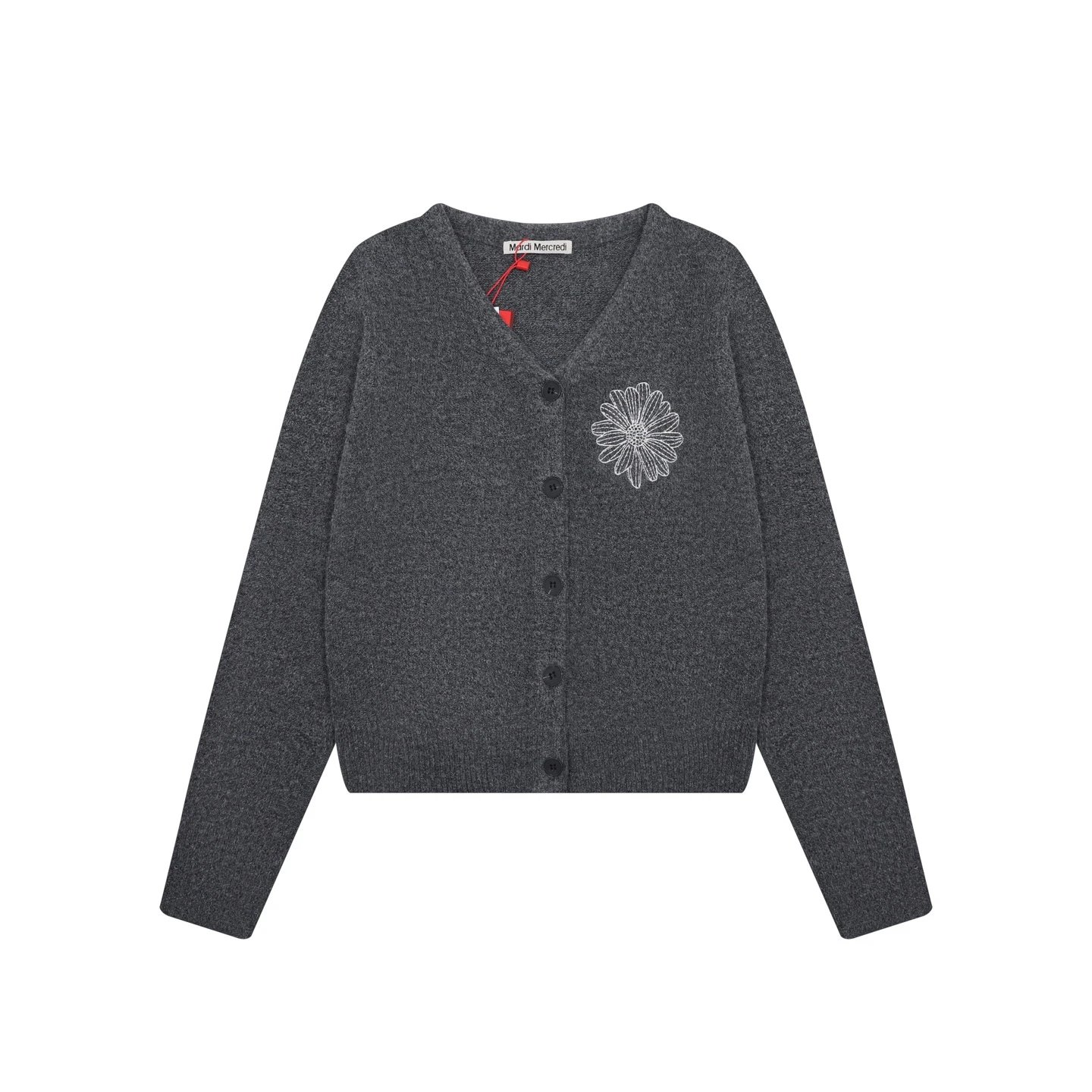 Mardi Mercredi Knitwear Daisy-Embroidered V-Neck Cardigan — gray