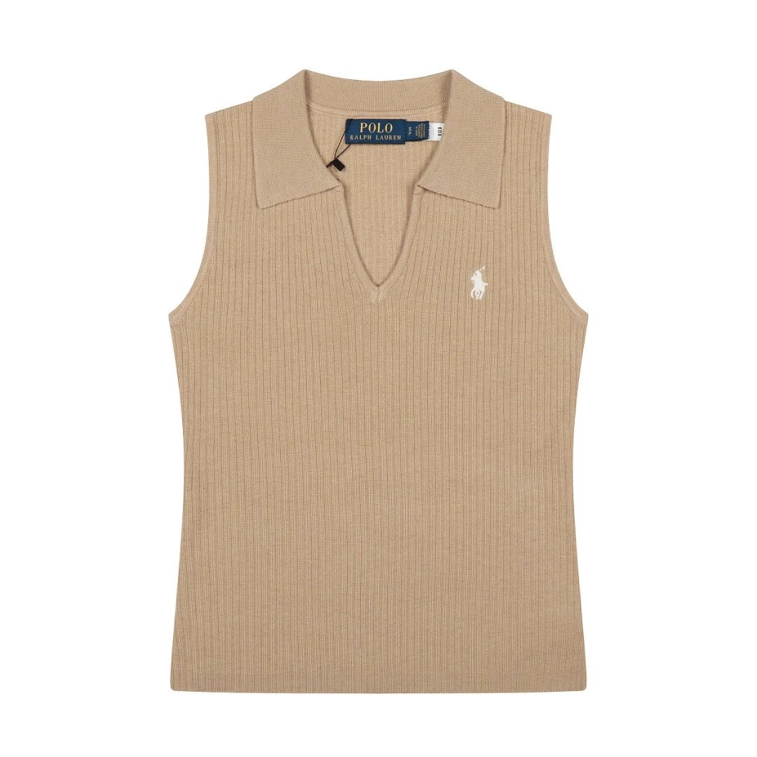 Polo Ralph Lauren Knitwear Rib-Knit Sleeveless Polo-Collar Top — Khaki
