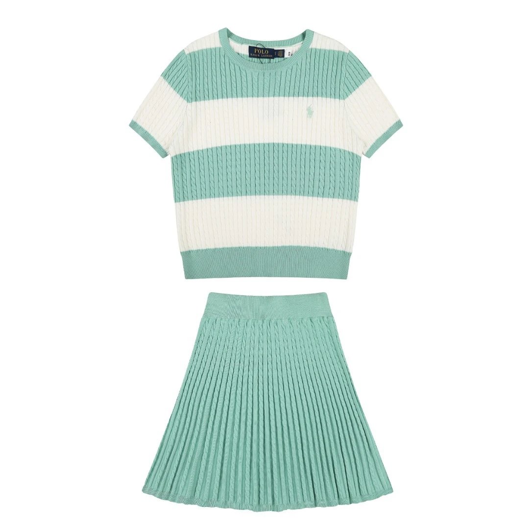 Polo Ralph Lauren Matching Sets Cable-Knit Striped Short-Sleeve Top and Pleated Skirt Set — Green