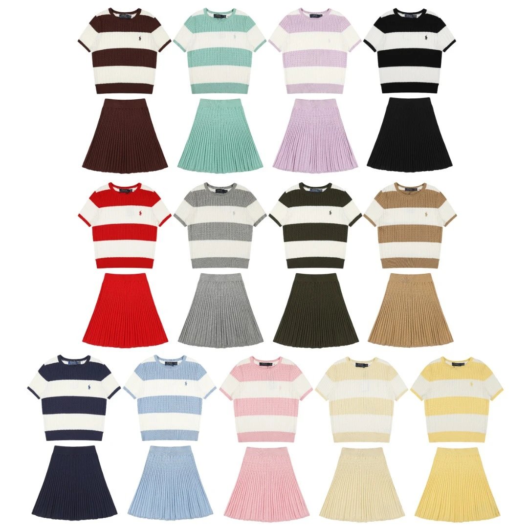 Polo Ralph Lauren Matching Sets Cable-Knit Striped Short-Sleeve Top and Pleated Skirt Set image 1