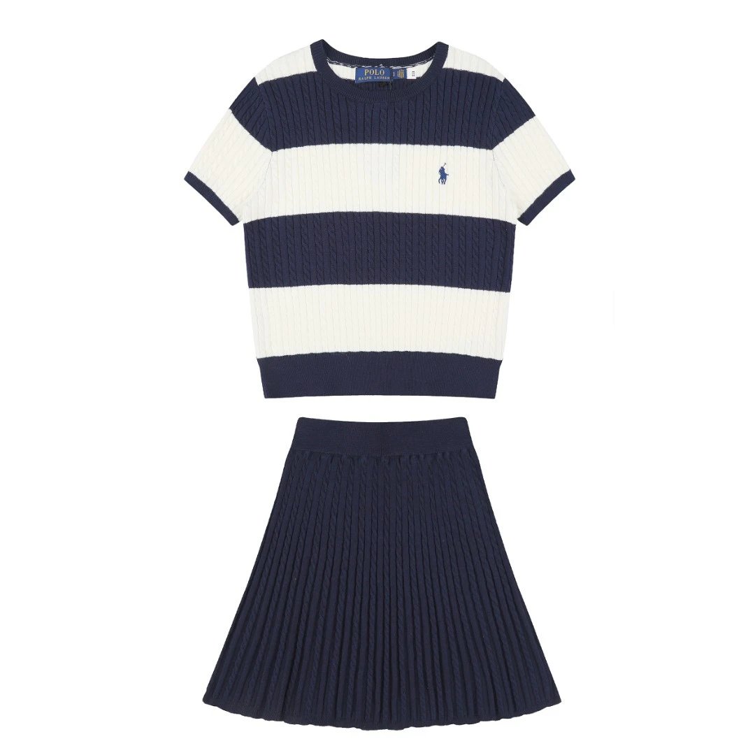 Polo Ralph Lauren Matching Sets Cable-Knit Striped Short-Sleeve Top and Pleated Skirt Set — Dark blue