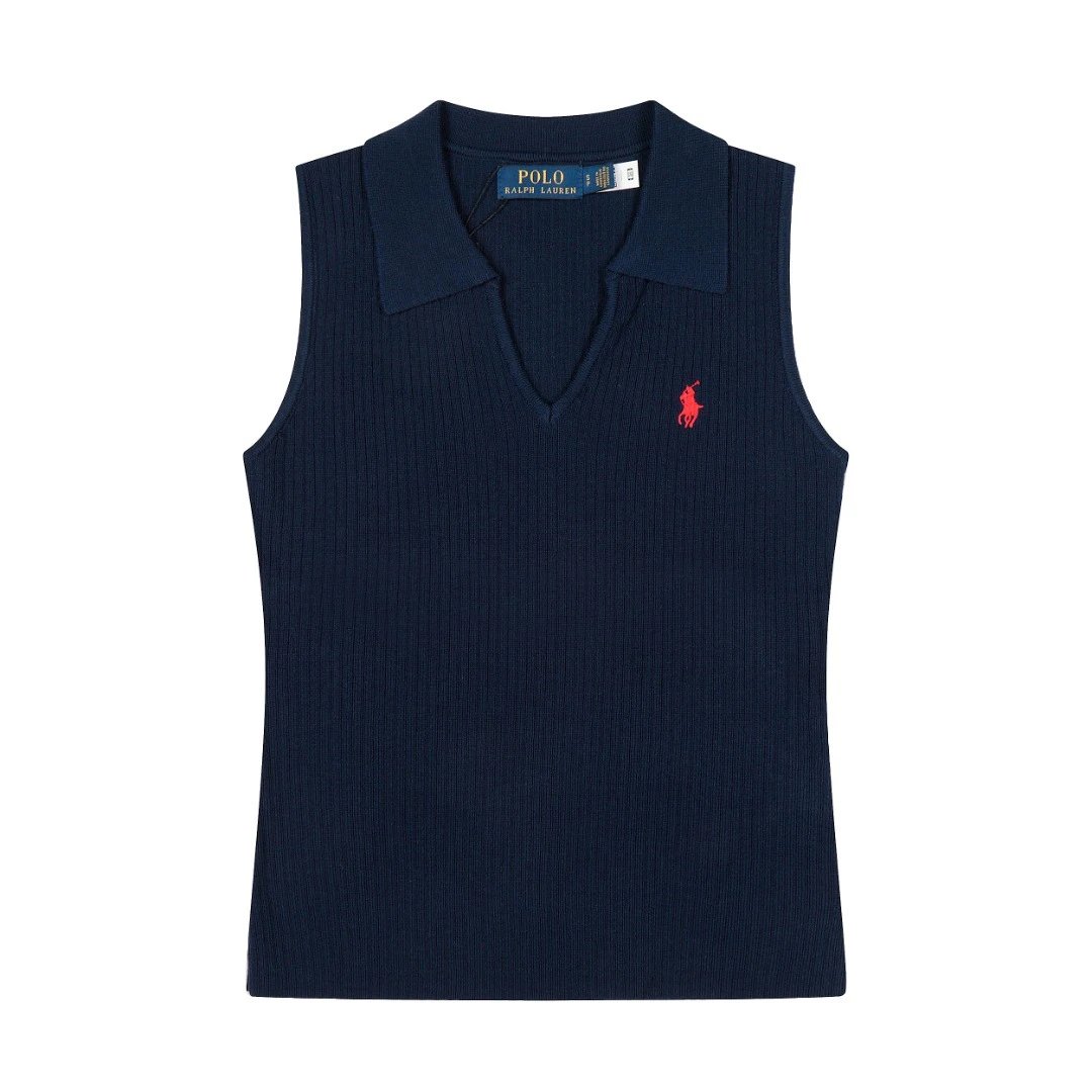 Polo Ralph Lauren Knitwear Rib-Knit Sleeveless Polo-Collar Top — Dark blue