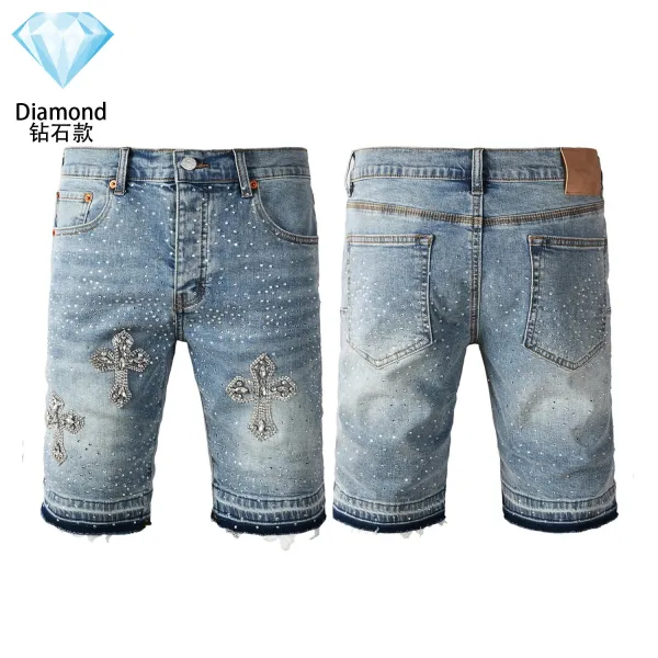 Design Diamond Cross Embellished Denim Shorts Blue Shorts - 1