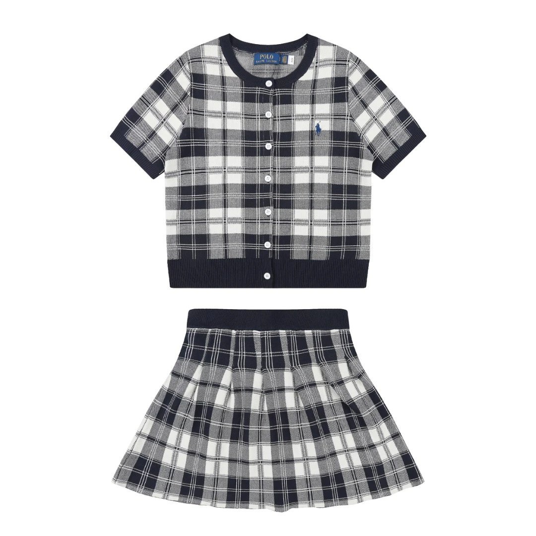 Polo Ralph Lauren Matching Sets Plaid short-sleeve knit cardigan and pleated skirt set — Dark blue