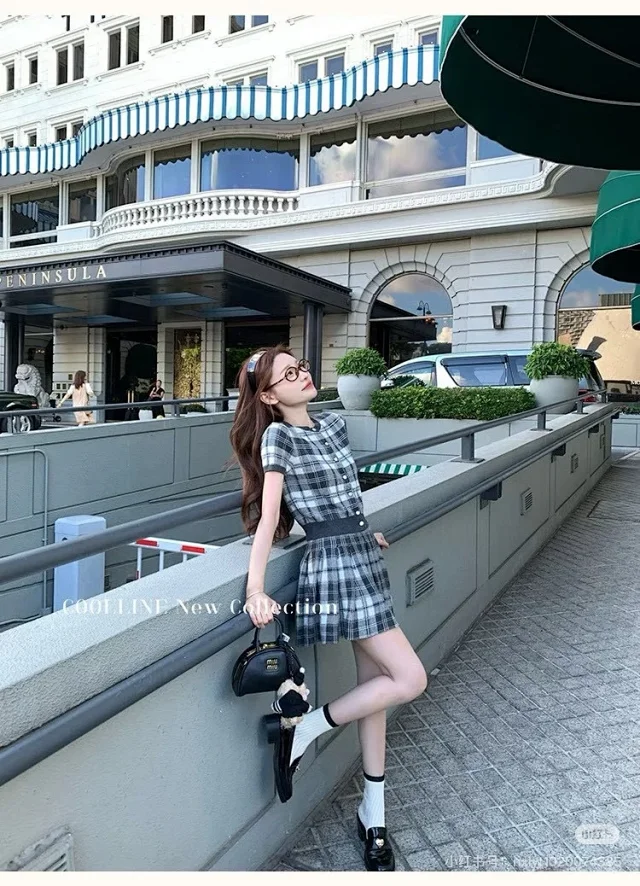 Polo Ralph Lauren Matching Sets Plaid short-sleeve knit cardigan and pleated skirt set product detail image 2