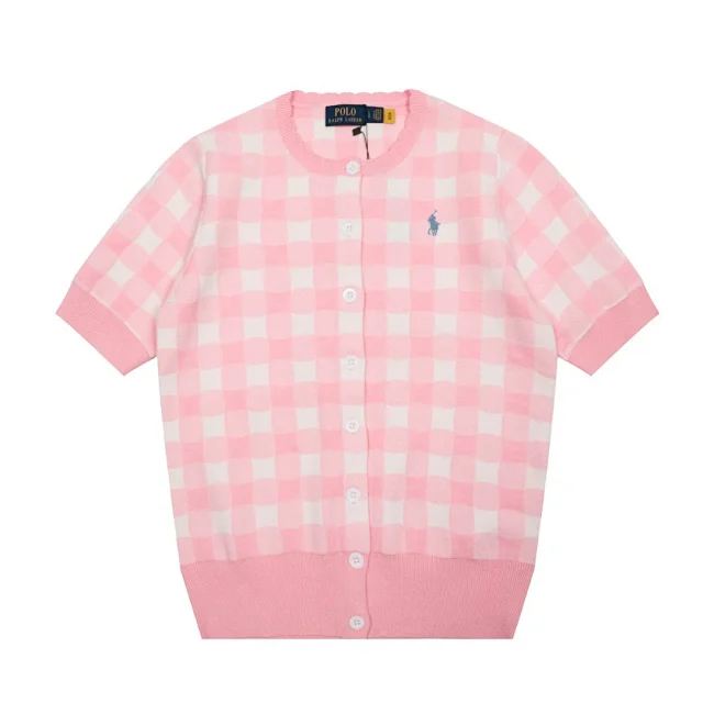 Polo Ralph Lauren Knitwear Short-sleeve gingham knit cardigan with embroidered pony logo product detail image 2