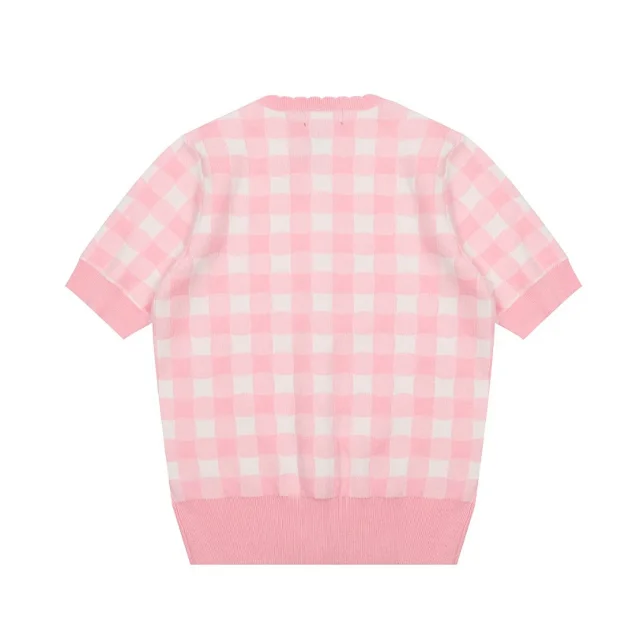 Polo Ralph Lauren Knitwear Short-sleeve gingham knit cardigan with embroidered pony logo product detail image 3