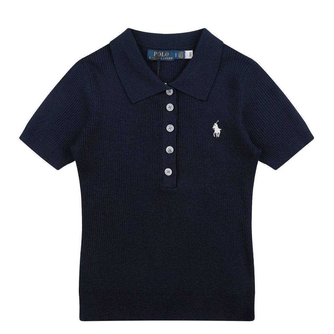 Polo Ralph Lauren T-Shirts Rib-Knit Short-Sleeve Shirt — Dark blue with a white label