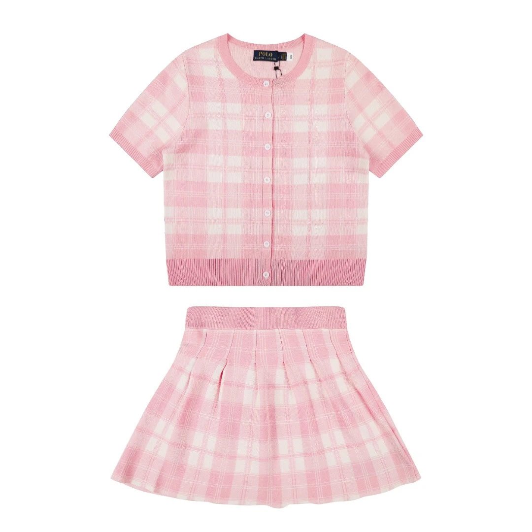 Polo Ralph Lauren Matching Sets Plaid short-sleeve knit cardigan and pleated skirt set — Pink