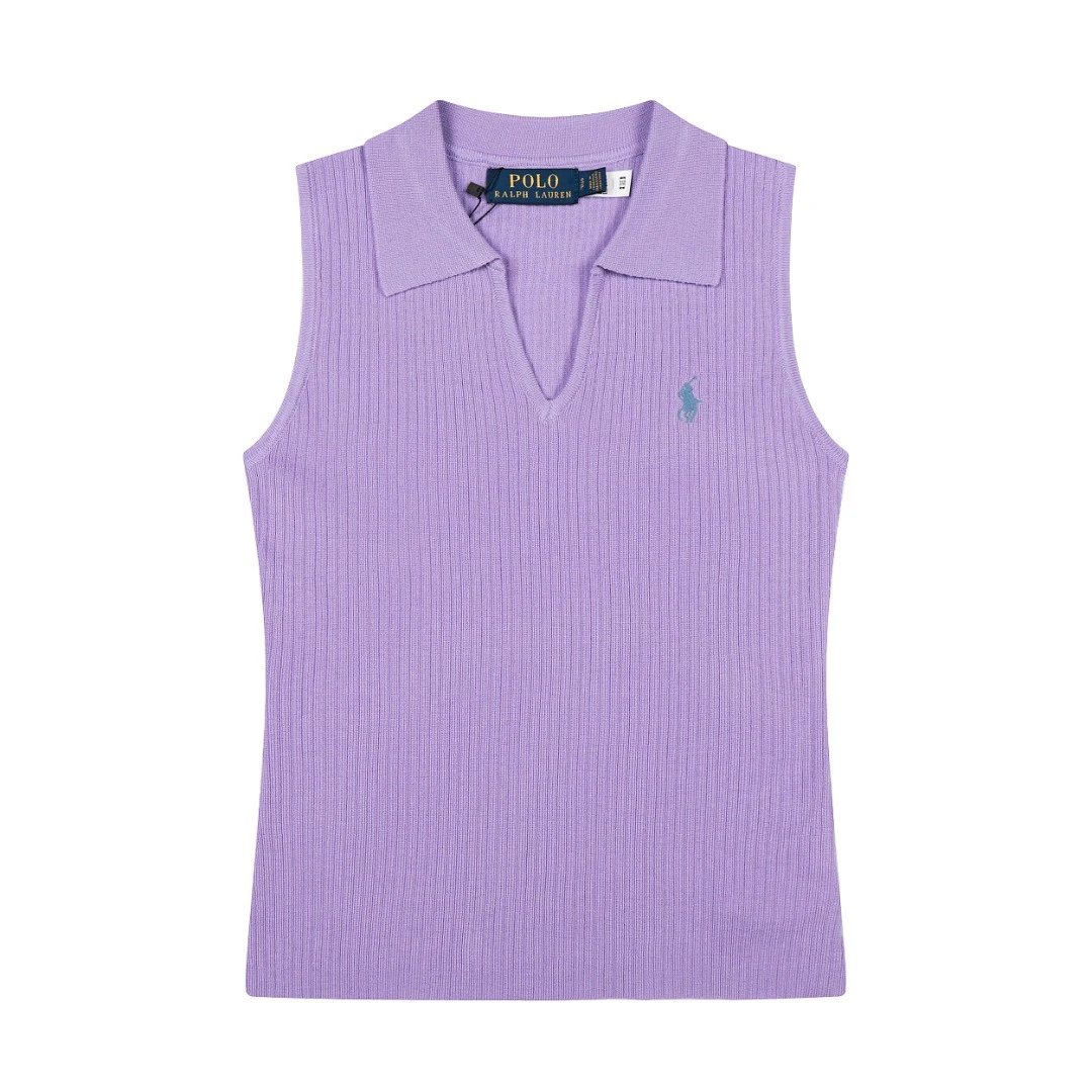 Polo Ralph Lauren Knitwear Rib-Knit Sleeveless Polo-Collar Top — purple