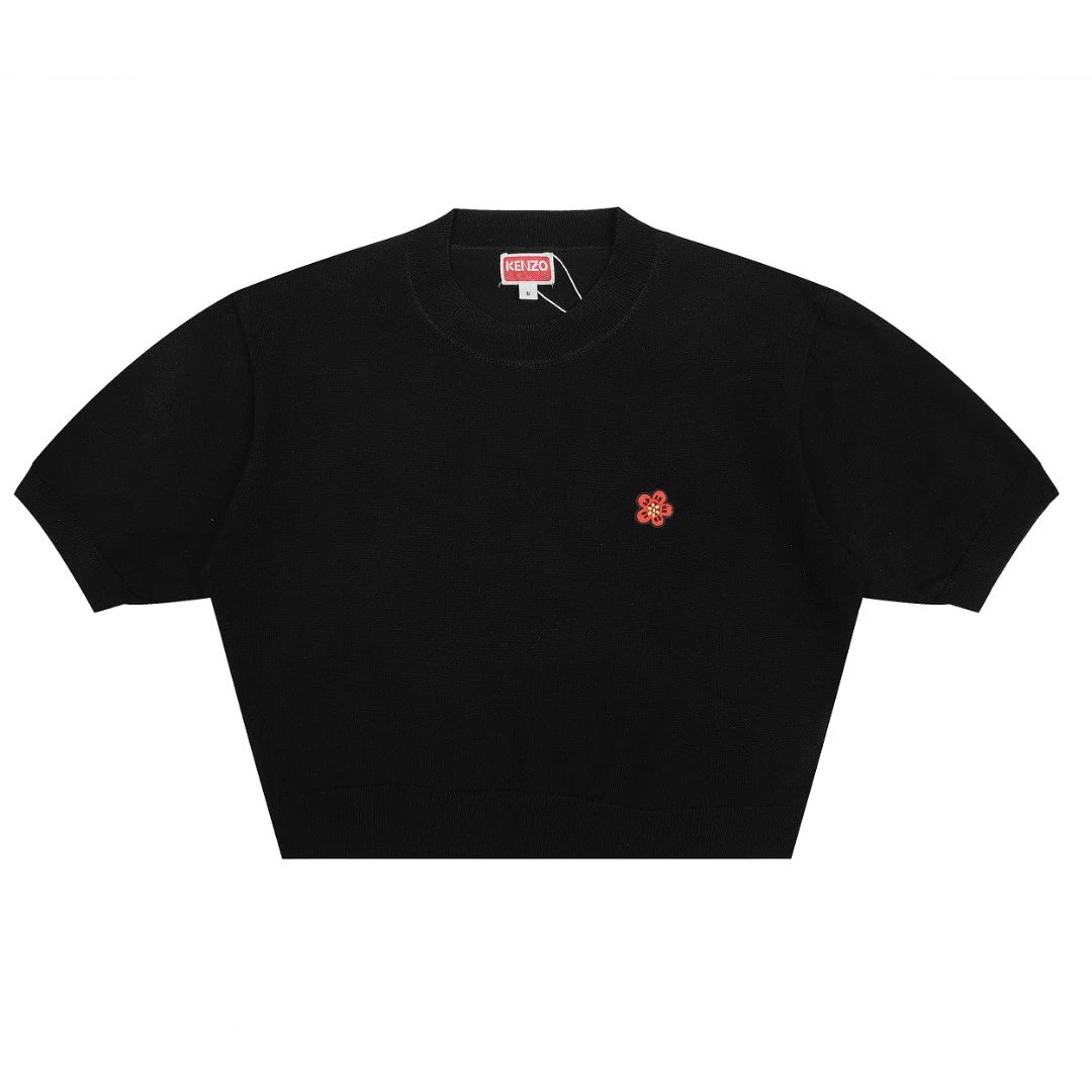 Kenzo Knitwear Short-Sleeve Knit Top with Flower Embroidery — Black