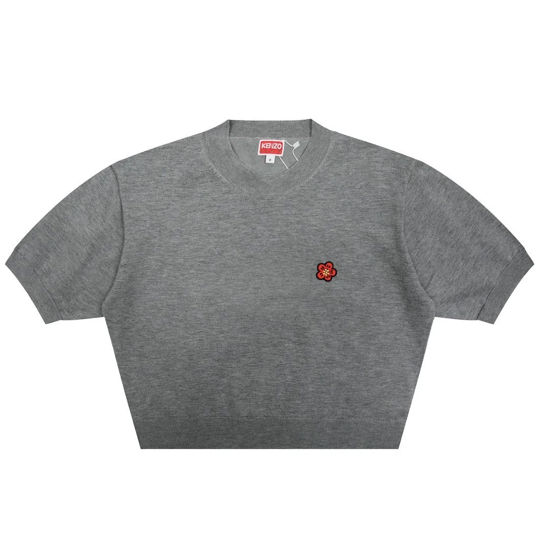 Kenzo Knitwear Short-Sleeve Knit Top with Flower Embroidery — gray