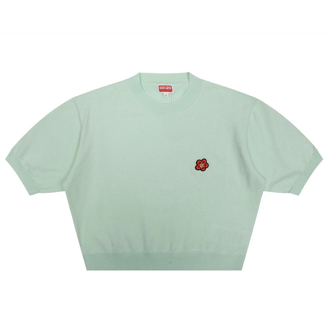 Kenzo Knitwear Short-Sleeve Knit Top with Flower Embroidery — Green