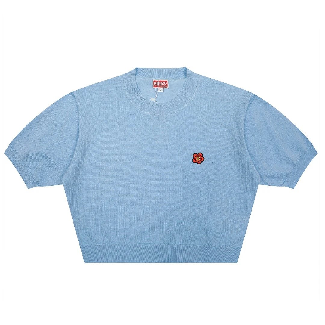 Kenzo Knitwear Short-Sleeve Knit Top with Flower Embroidery — Light blue