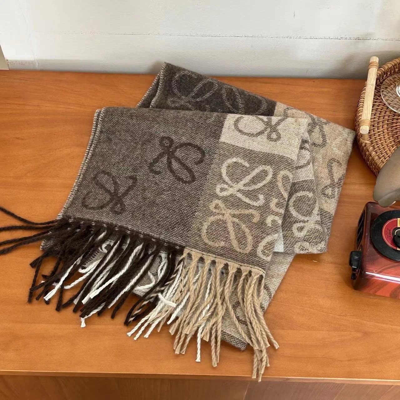 Loewe Scarves Anagram-pattern fringed scarf — Lowe Coffee Plaid
