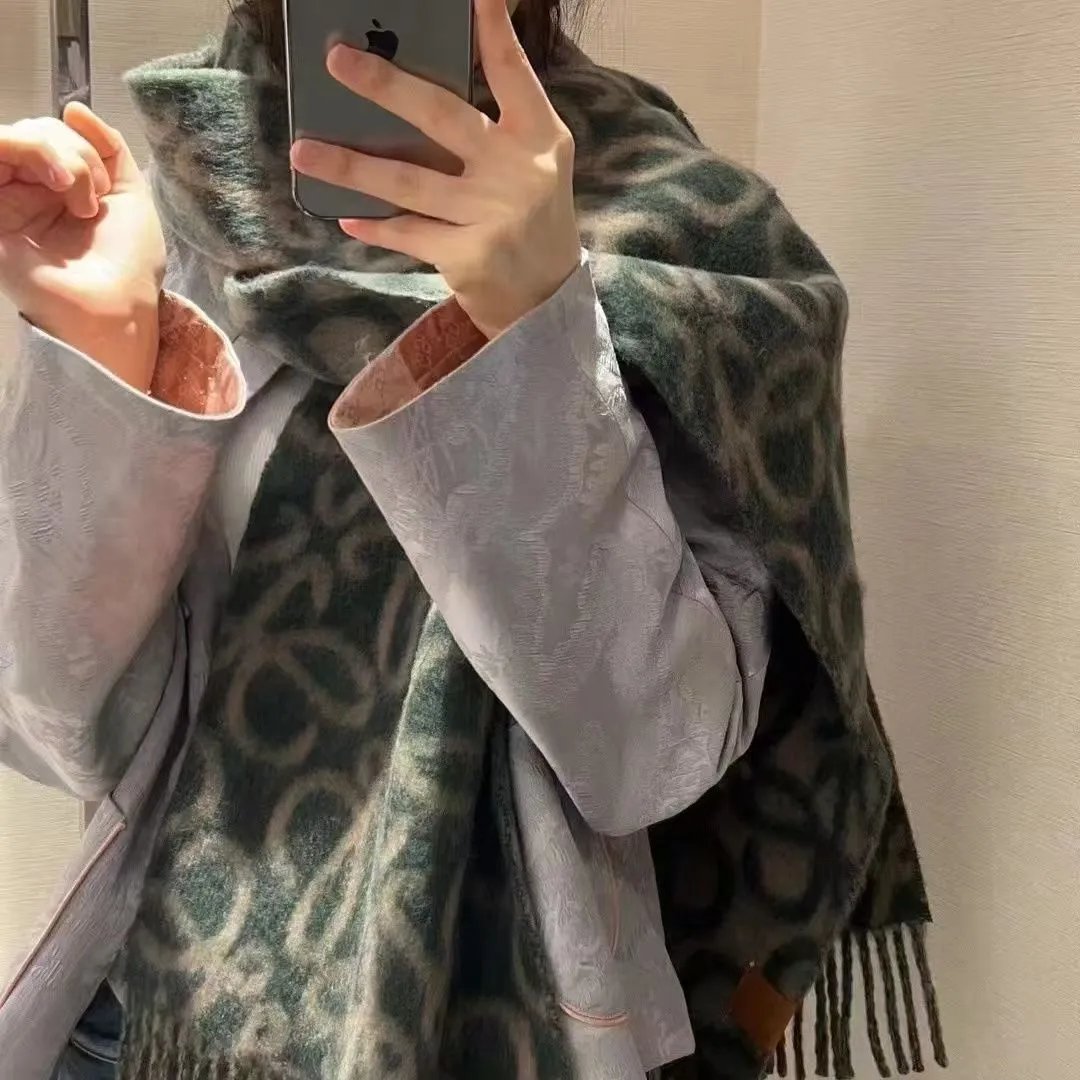 Loewe Scarves Anagram-pattern fringed scarf — Lowe Green Full Letter Line YB