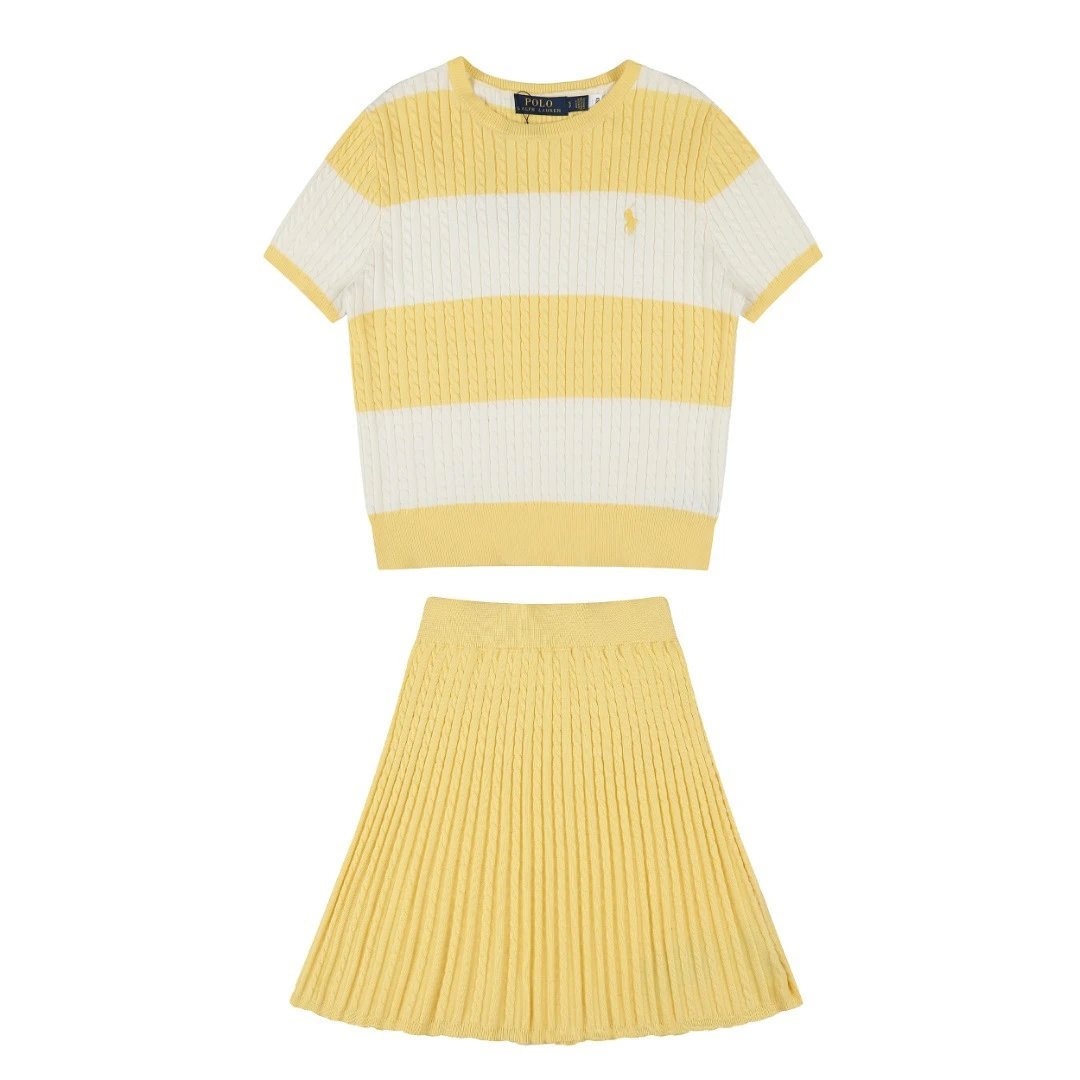 Polo Ralph Lauren Matching Sets Cable-Knit Striped Short-Sleeve Top and Pleated Skirt Set — Yellow