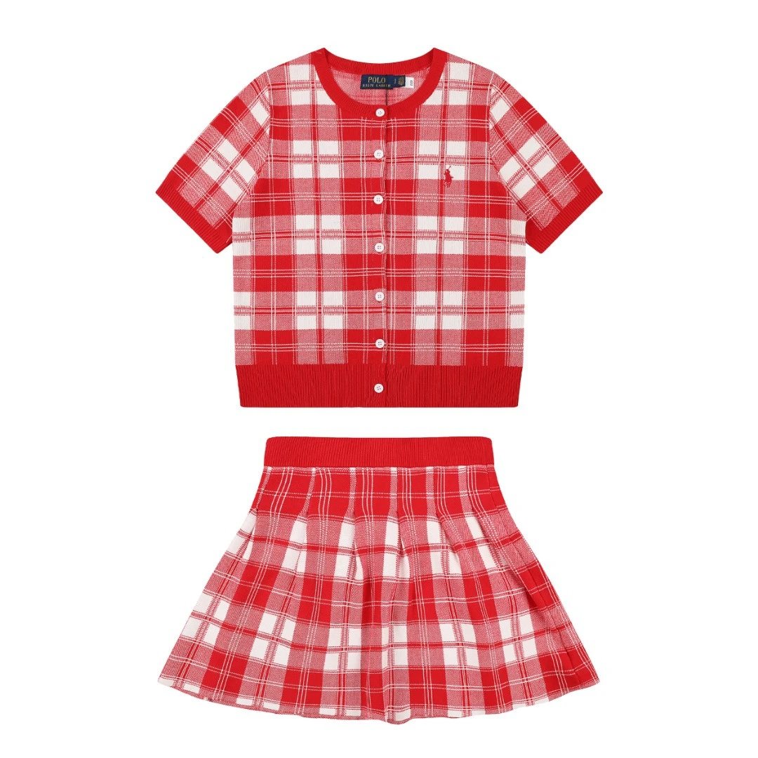 Polo Ralph Lauren Matching Sets Plaid short-sleeve knit cardigan and pleated skirt set — Red