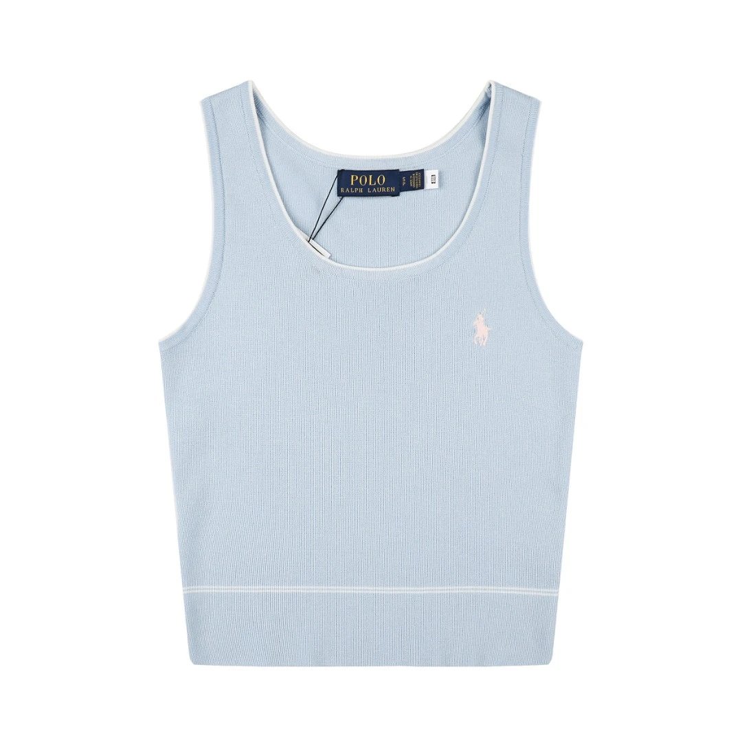 Ralph Lauren Knitwear Rib-Knit Tank Top with Contrast Piping and Embroidered Pony — Light blue