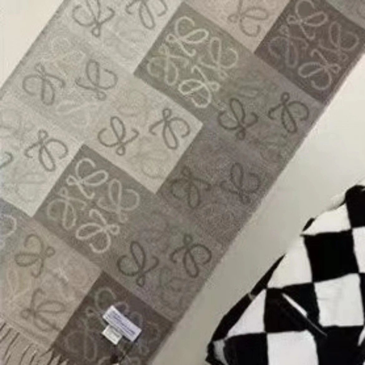 Loewe Scarves Anagram-pattern fringed scarf — Lowe Milk Tea Plaid YB