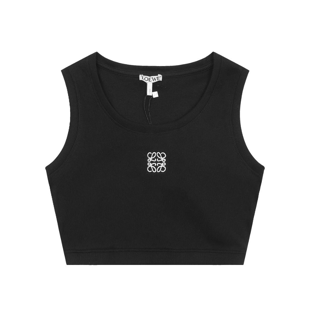 Loewe Knitwear Ribbed Cropped Tank Top with Anagram Embroidery — Black