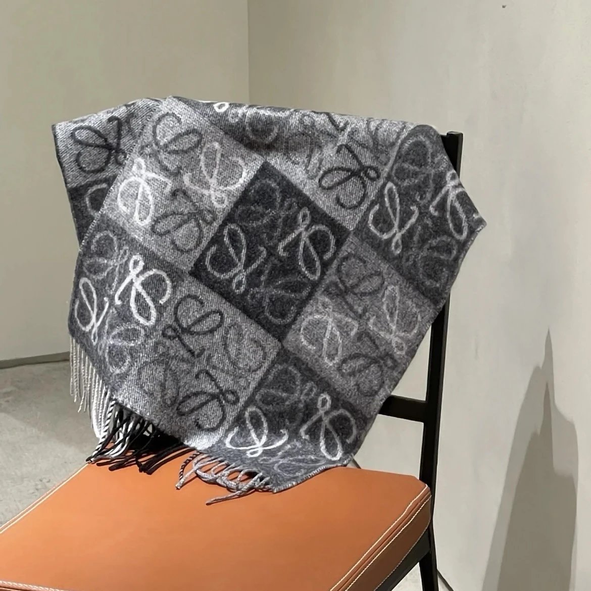 Loewe Scarves Anagram-pattern fringed scarf — Lowe black gray check YB