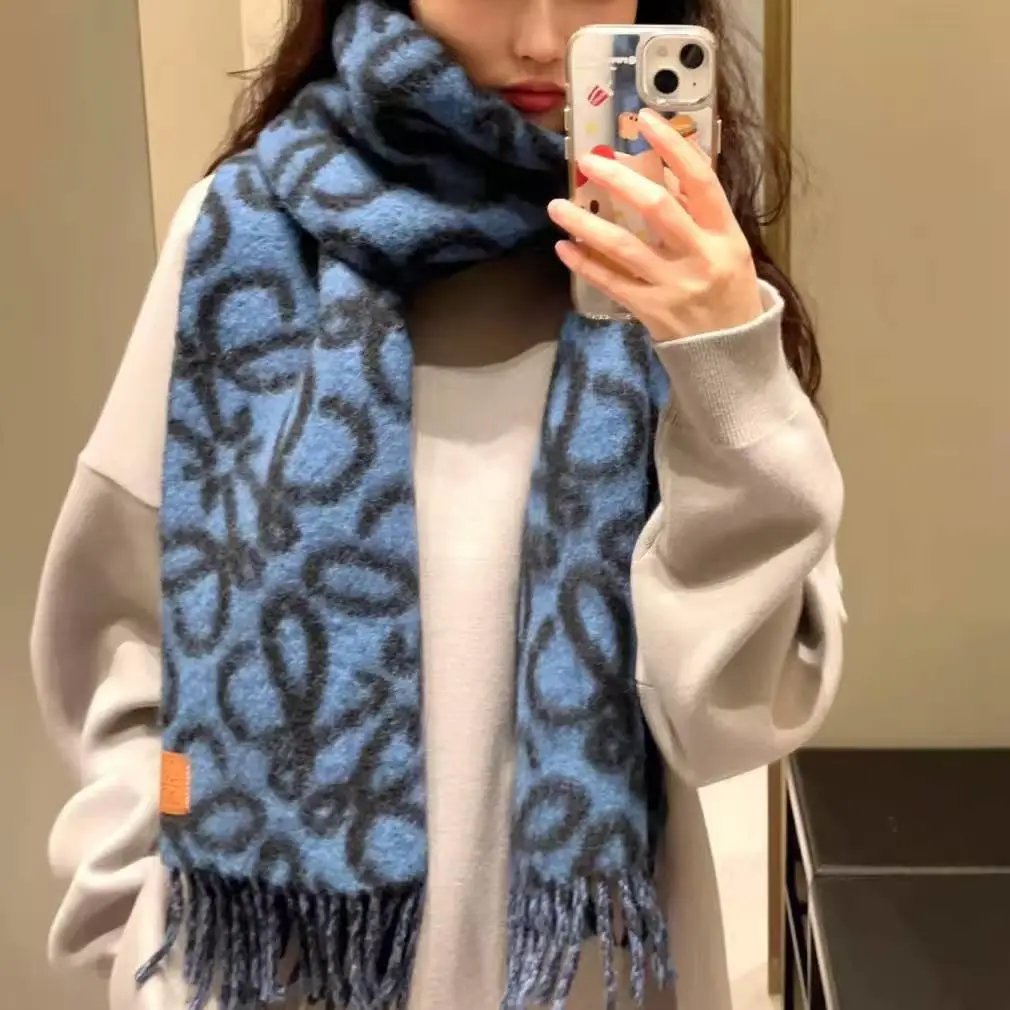 Loewe Scarves Anagram-pattern fringed scarf — Lowe Blue Full Letter Line YB