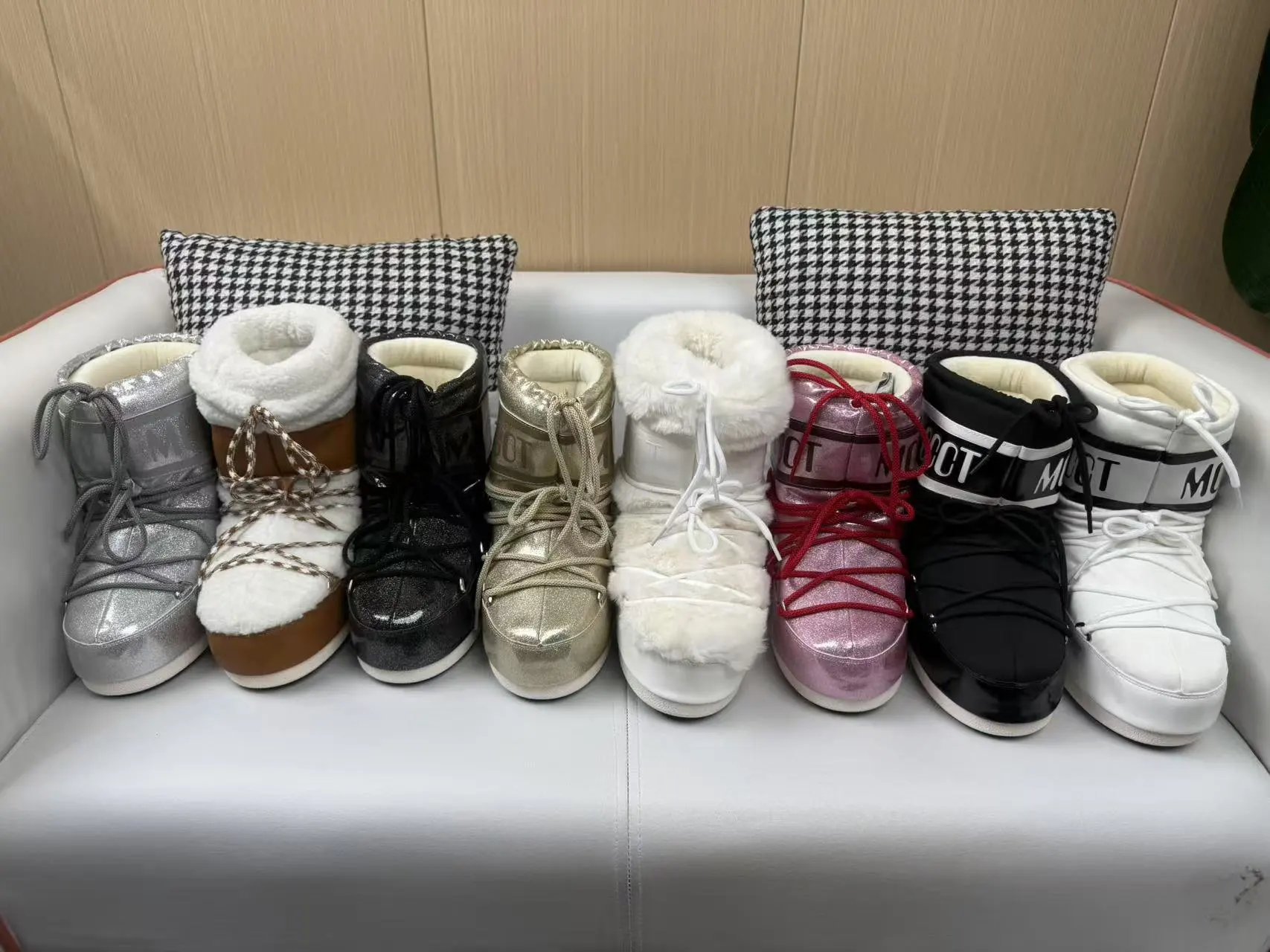 Design Moon Boot Shearling Wrap Boots White and Brown Snow Boots - 7
