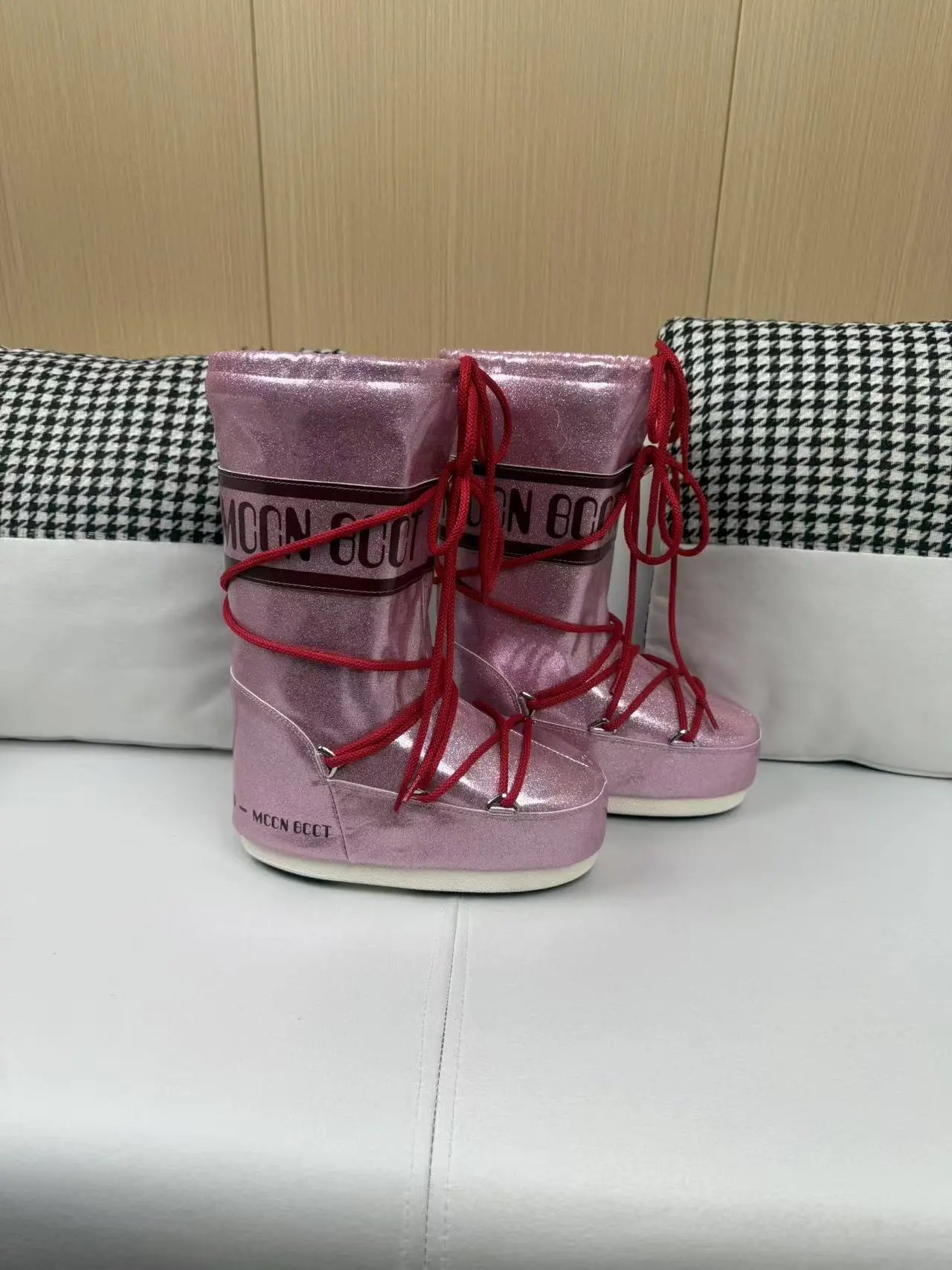 Design Moon Boot Shearling Wrap Boots White and Brown Snow Boots - 31