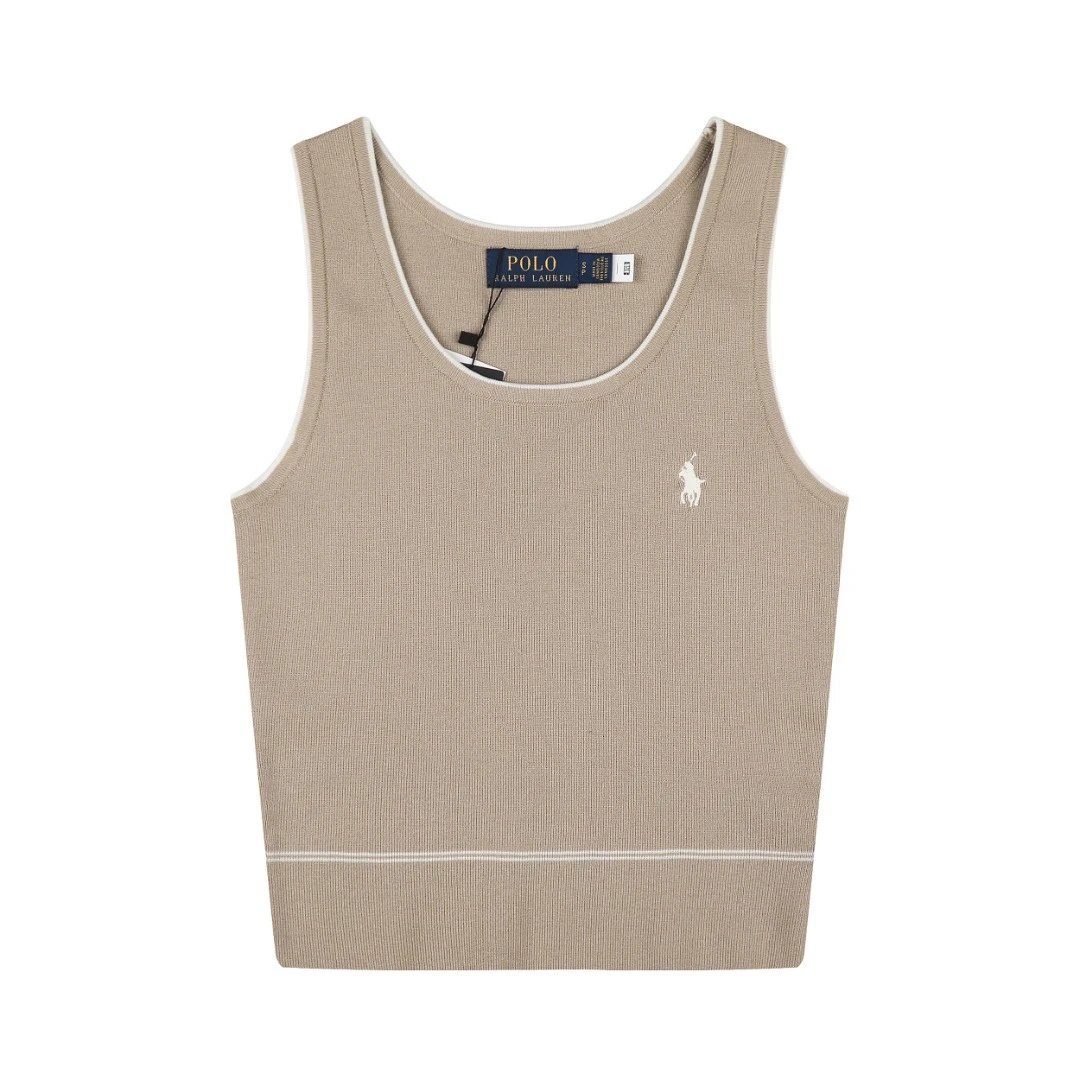 Ralph Lauren Knitwear Rib-Knit Tank Top with Contrast Piping and Embroidered Pony — Khaki