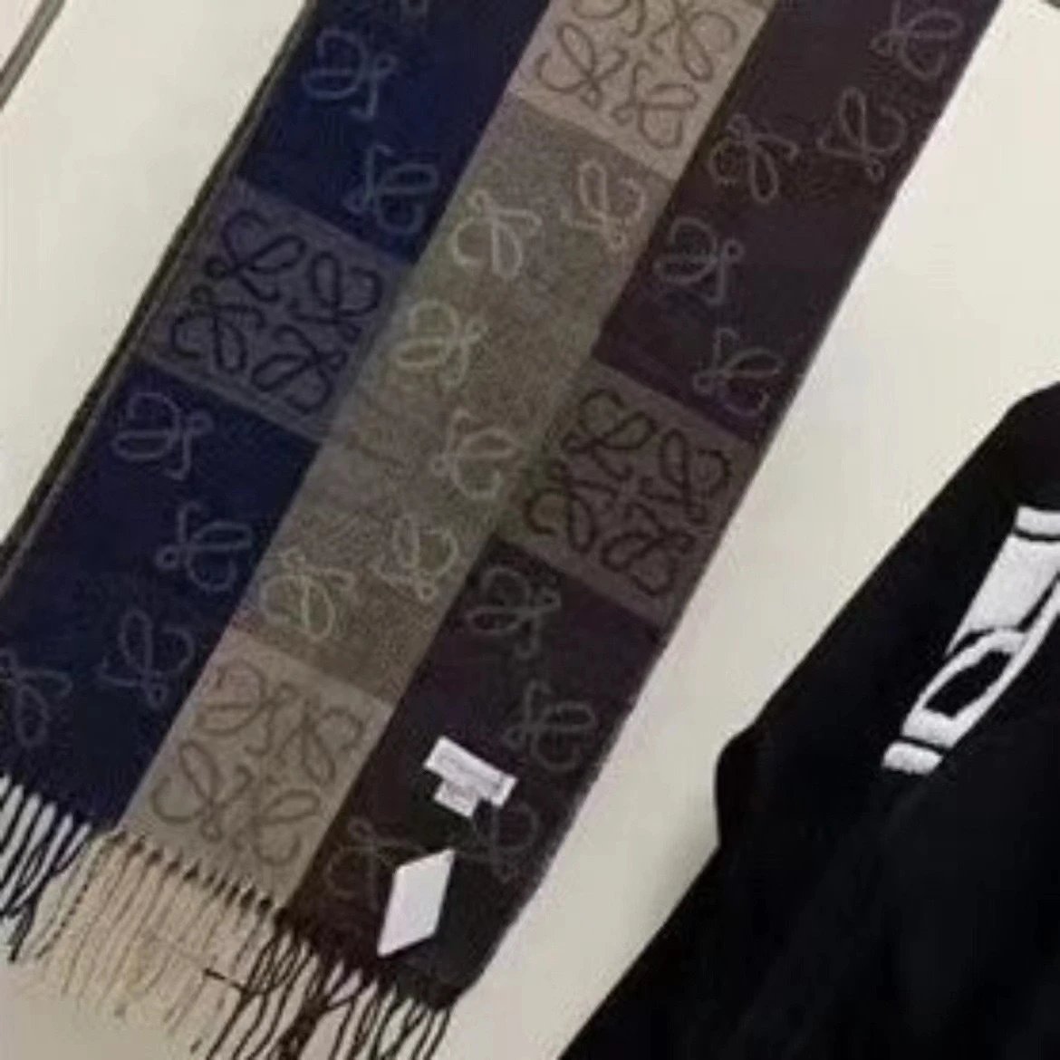 Loewe Scarves Anagram-pattern fringed scarf — Lowe navy blue check YB