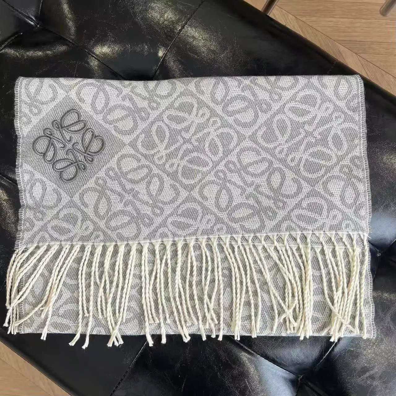 Loewe Scarves Anagram-pattern fringed scarf — Lowe three-dimensional embroidery stitching-light gray
