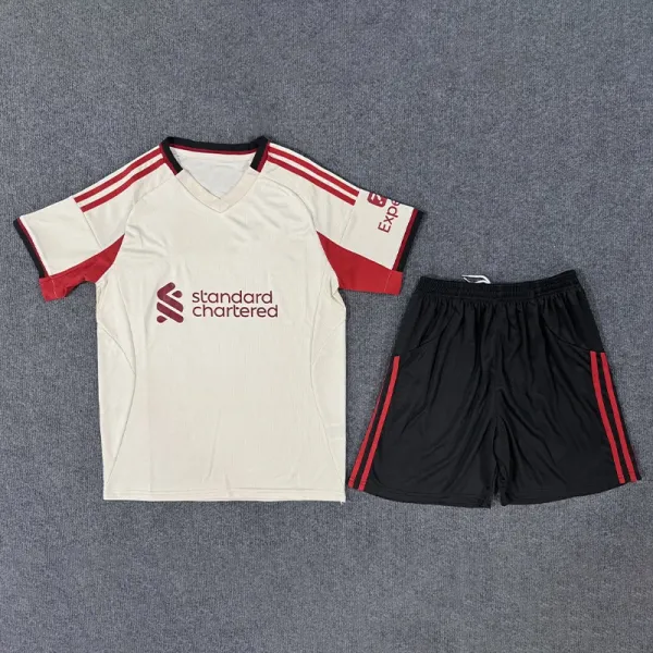 Liverpool FC 2023-24 Away Kit Beige/Red Jersey and Black Shorts - 1