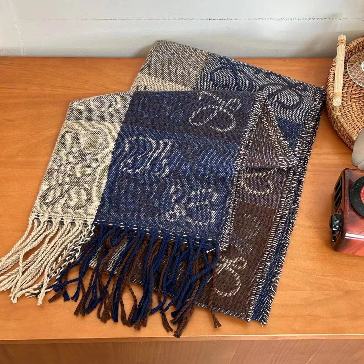 Loewe Scarves Anagram-pattern fringed scarf — Lowe navy blue check