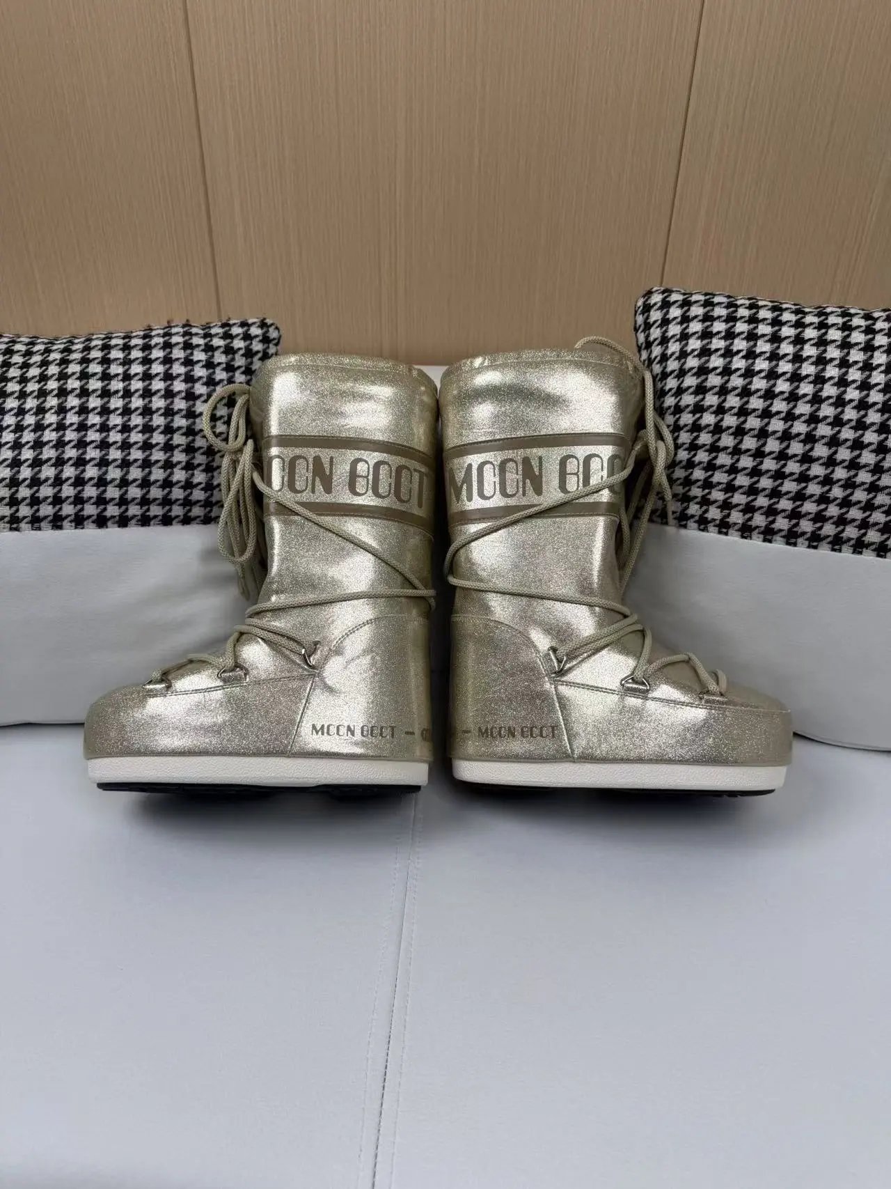 Design Moon Boot Shearling Wrap Boots White and Brown Snow Boots - 28