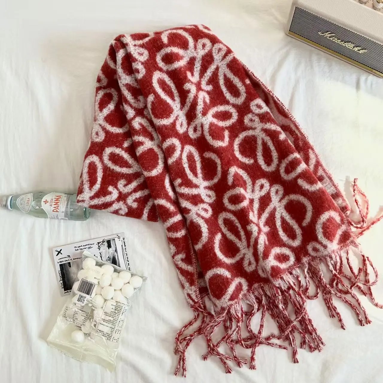 Loewe Scarves Anagram-pattern fringed scarf — Lowe Red and White Full Letter Line YB