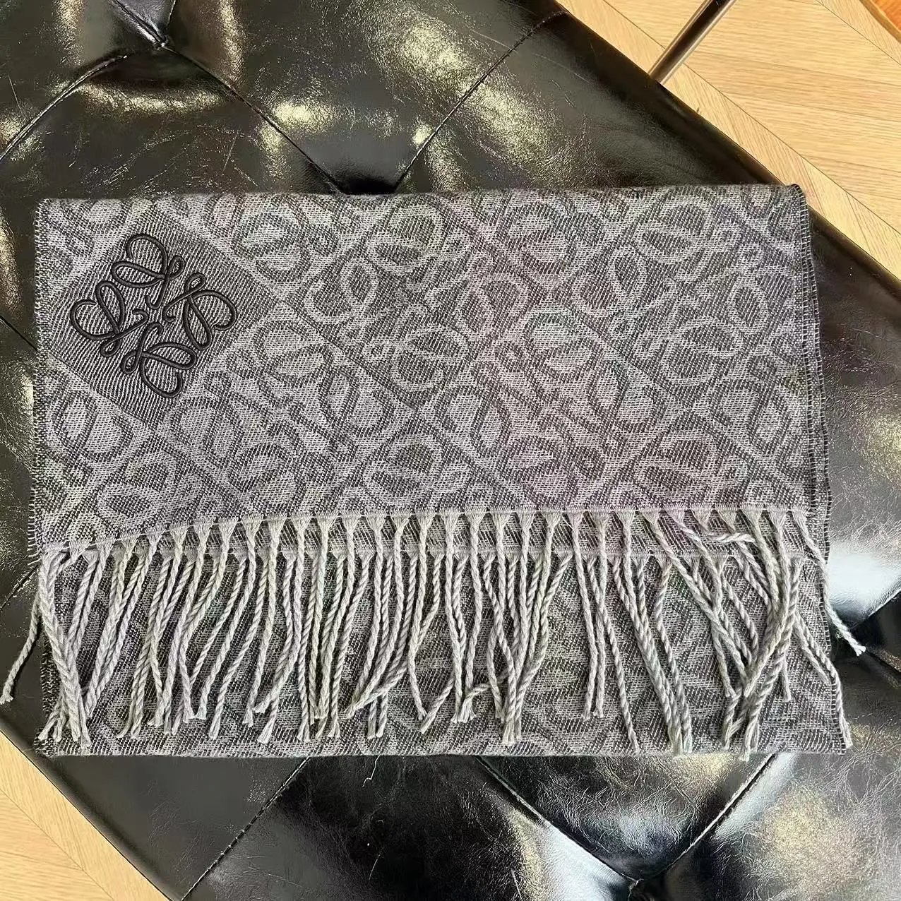 Loewe Scarves Anagram-pattern fringed scarf — Lowe three-dimensional embroidery stitching-dark gray