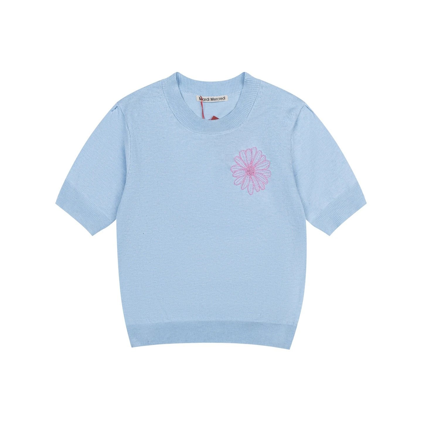 Mardi Mercredi Knitwear Daisy Embroidered Short-Sleeve Knit Top — Blue pink