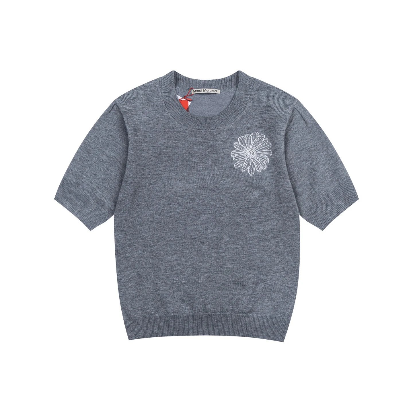 Mardi Mercredi Knitwear Daisy Embroidered Short-Sleeve Knit Top — Dark gray-white