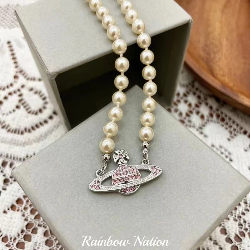 Unbranded Jewelry Orb and Cross Pendant Necklace — Pearl Saturn Necklace (Silver with Pink Diamonds) – No Chain Tail