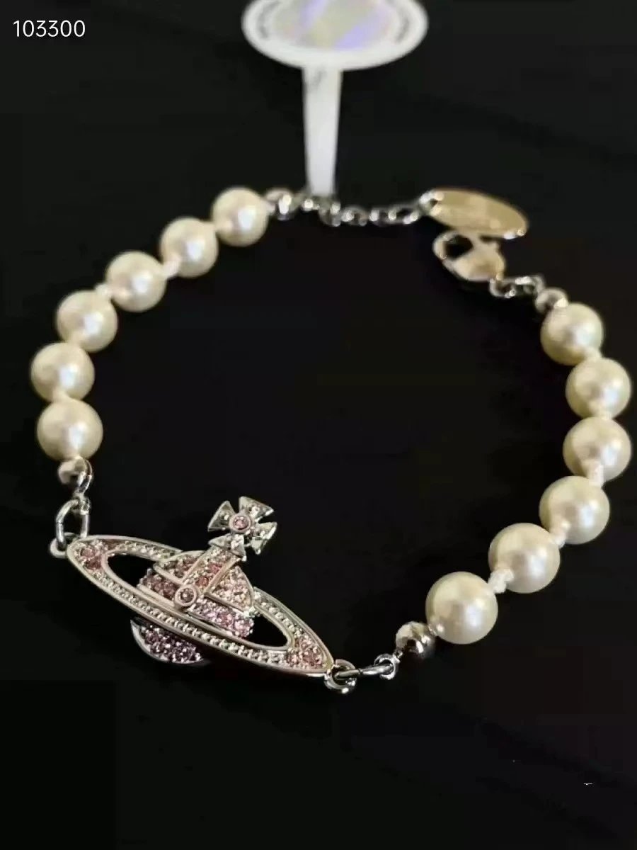 Unbranded Jewelry Orb and Cross Pendant Necklace — Pearl Saturn Bracelet (Silver with Pink Diamonds)