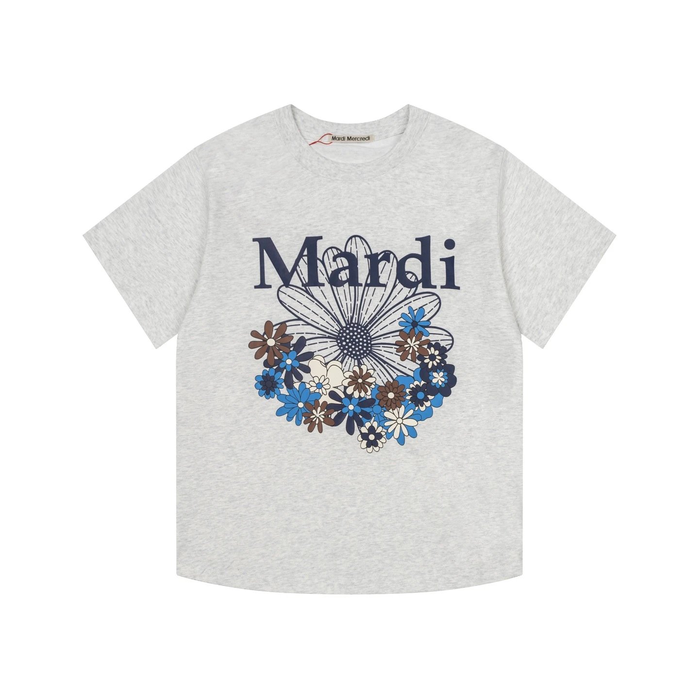 Mardi Mercredi T-Shirts Floral Graphic Short-Sleeve T-Shirt — flower gray blue word